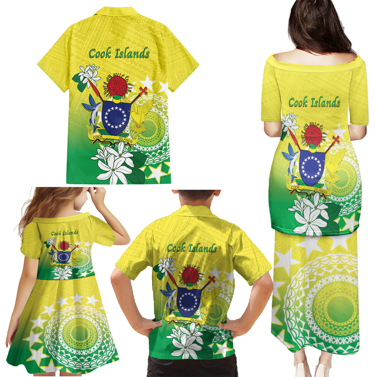 Cook Islands Independence Day Family Matching Puletasi and Hawaiian Shirt Kuki Airani Tiare Maori Polynesian Pattern - Green LT14 - Polynesian Pride
