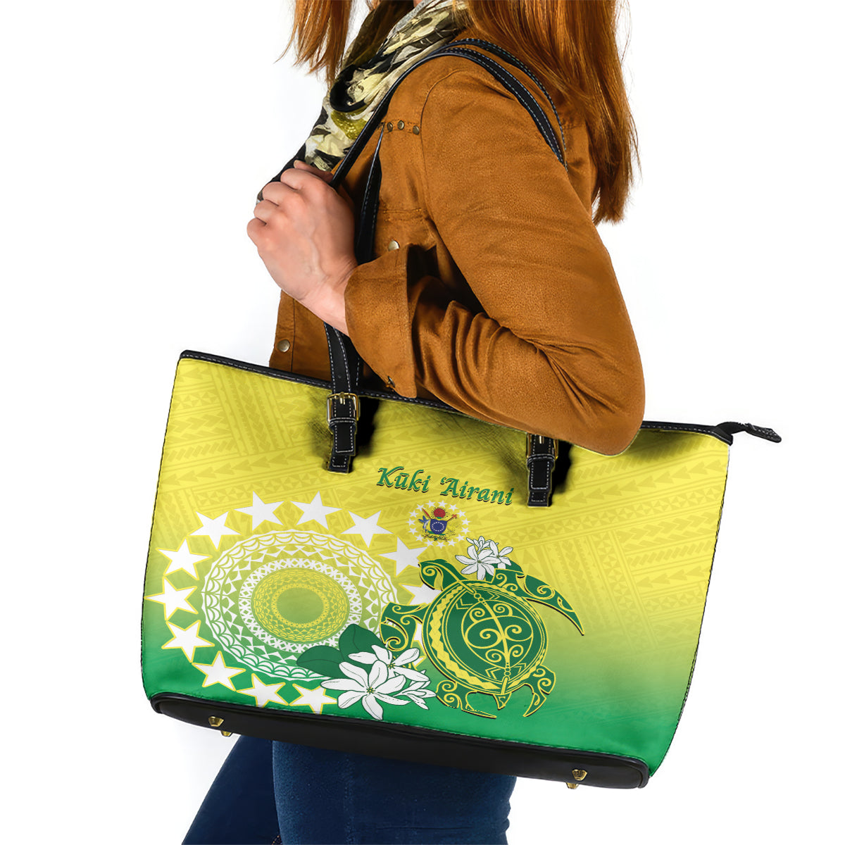 Cook Islands Independence Day Leather Tote Bag Kuki Airani Tiare Maori Polynesian Pattern - Green