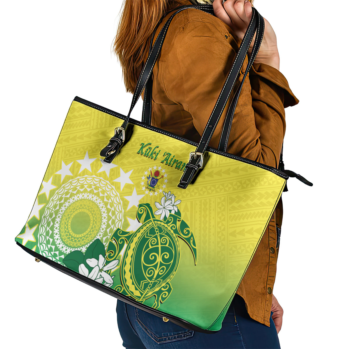 Cook Islands Independence Day Leather Tote Bag Kuki Airani Tiare Maori Polynesian Pattern - Green