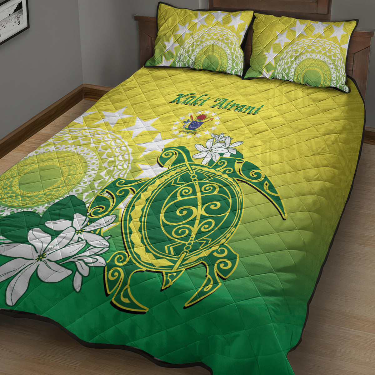 Cook Islands Independence Day Quilt Bed Set Kuki Airani Tiare Maori Polynesian Pattern - Green