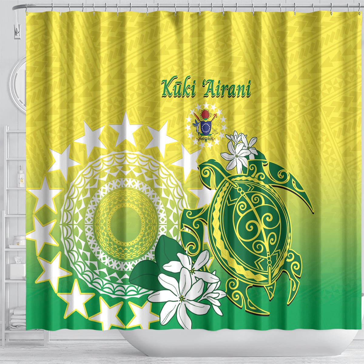 Cook Islands Independence Day Shower Curtain Kuki Airani Tiare Maori Polynesian Pattern - Green