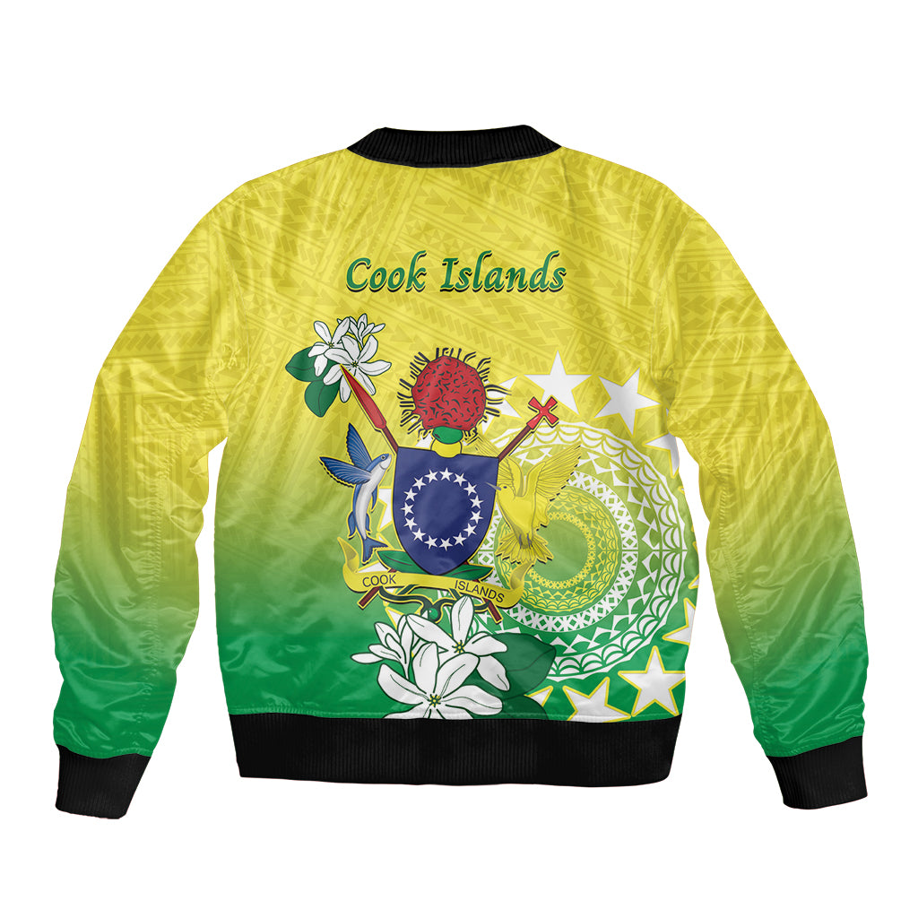 Cook Islands Independence Day Sleeve Zip Bomber Jacket Kuki Airani Tiare Maori Polynesian Pattern - Green