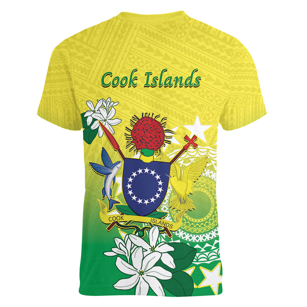 Cook Islands Independence Day Women V-Neck T-Shirt Kuki Airani Tiare Maori Polynesian Pattern - Green