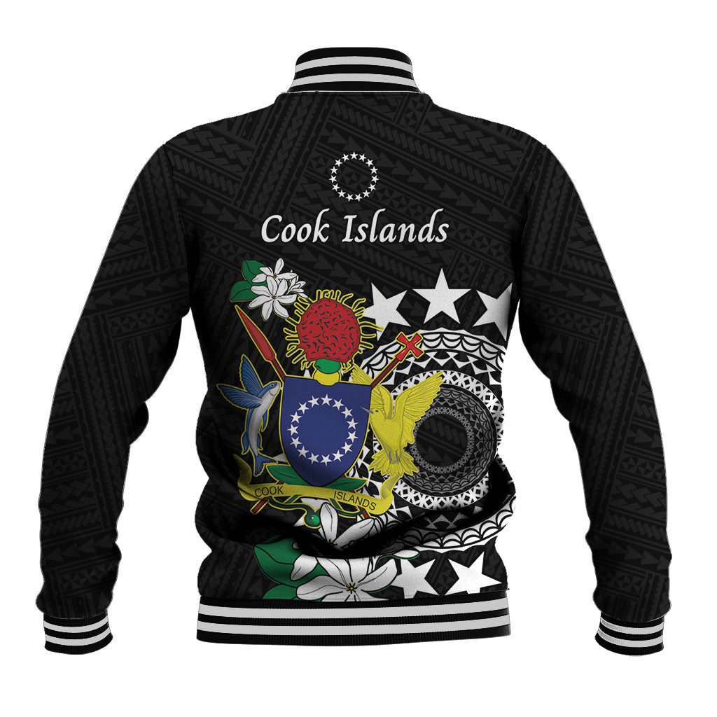 Cook Islands Independence Day Baseball Jacket Kuki Airani Tiare Maori Polynesian Pattern - Black
