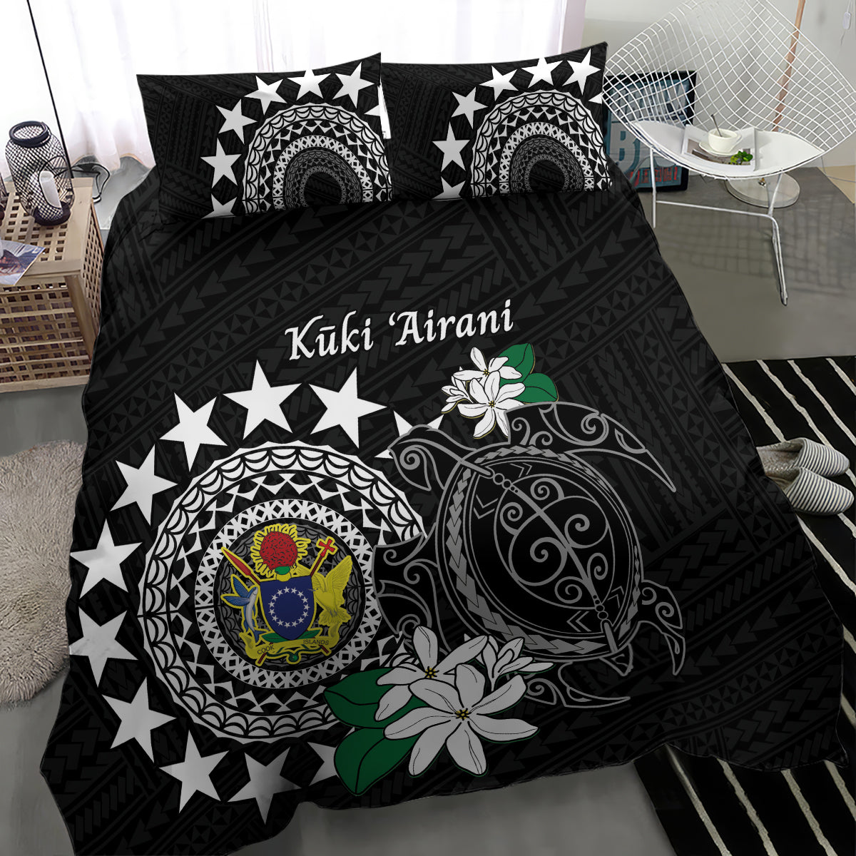 Cook Islands Independence Day Bedding Set Kuki Airani Tiare Maori Polynesian Pattern - Black