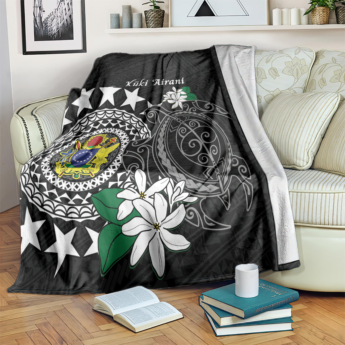 Cook Islands Independence Day Blanket Kuki Airani Tiare Maori Polynesian Pattern - Black