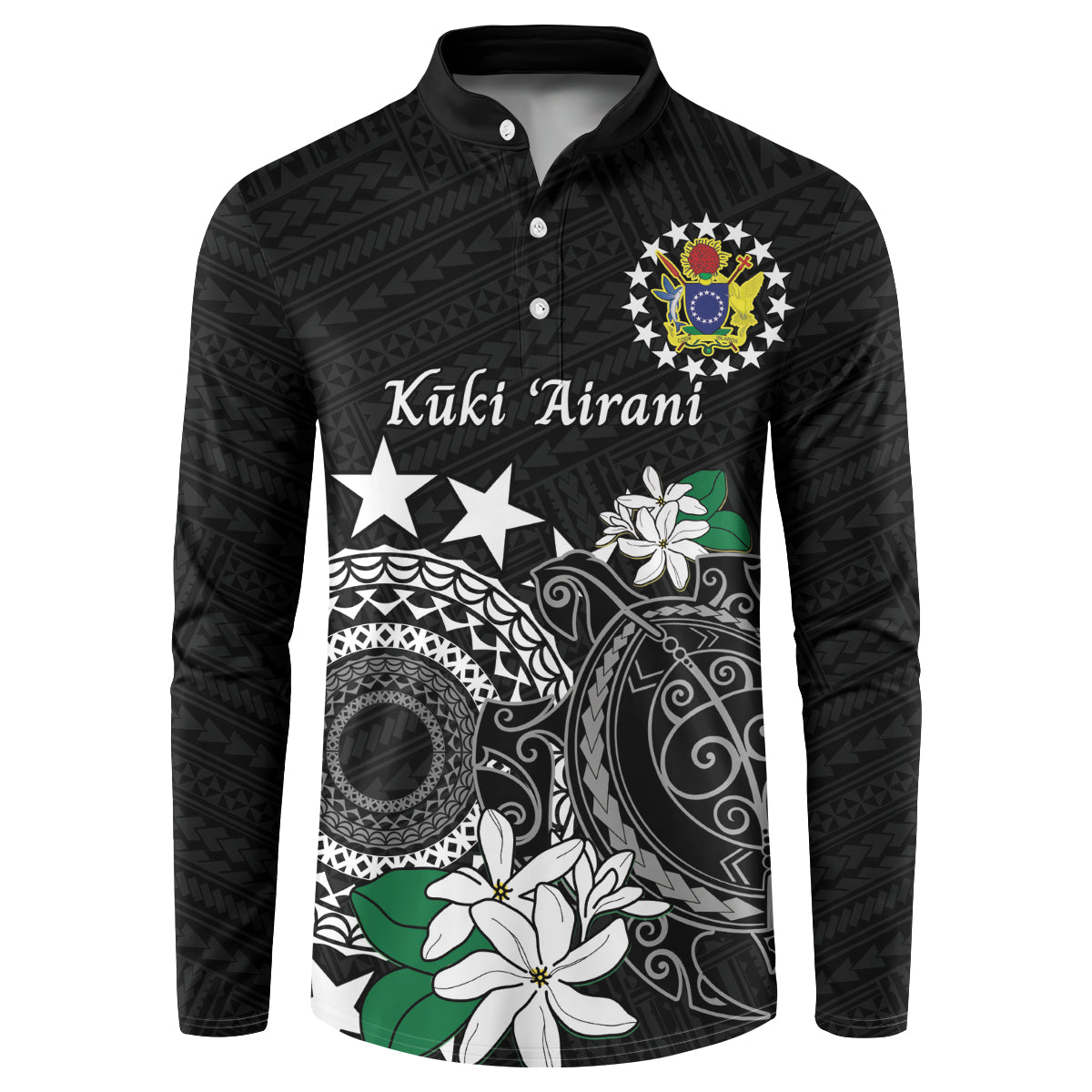 Cook Islands Independence Day Button Sweatshirt Kuki Airani Tiare Maori Polynesian Pattern - Black