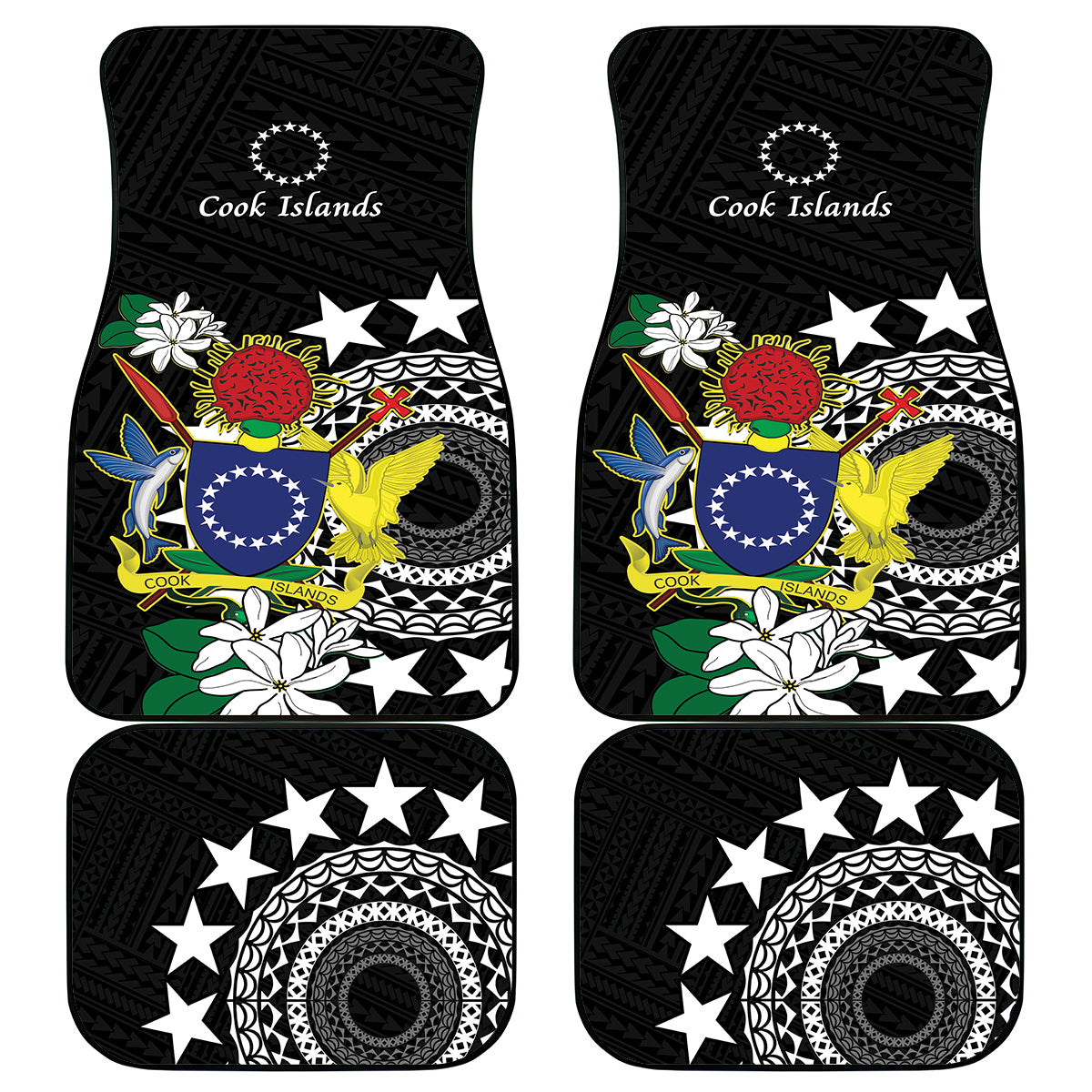 Cook Islands Independence Day Car Mats Kuki Airani Tiare Maori Polynesian Pattern - Black