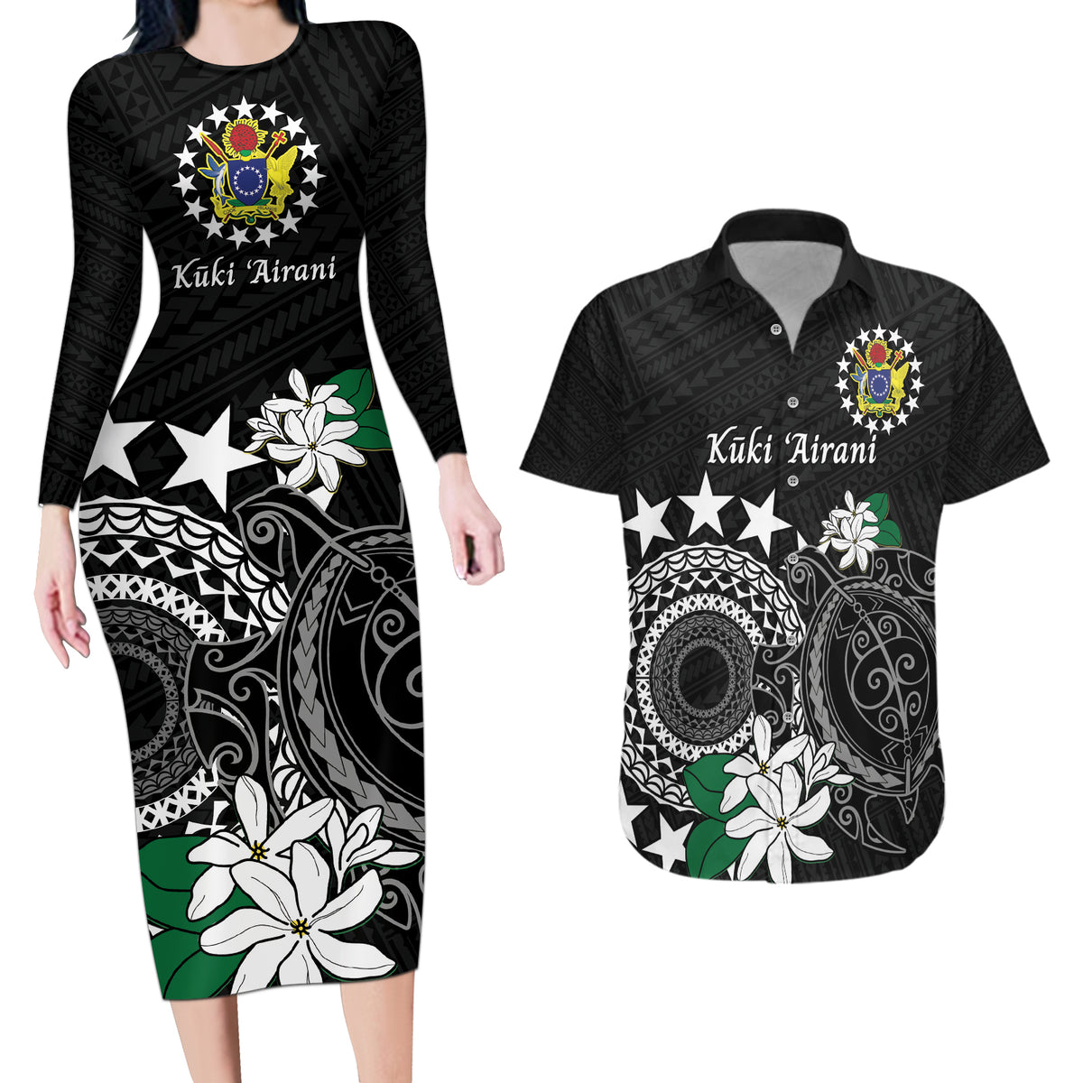 Cook Islands Independence Day Couples Matching Long Sleeve Bodycon Dress and Hawaiian Shirt Kuki Airani Tiare Maori Polynesian Pattern - Black LT14 Black - Polynesian Pride