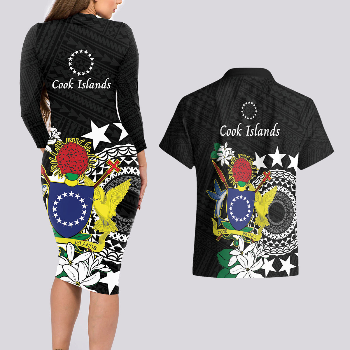 Cook Islands Independence Day Couples Matching Long Sleeve Bodycon Dress and Hawaiian Shirt Kuki Airani Tiare Maori Polynesian Pattern - Black LT14 - Polynesian Pride