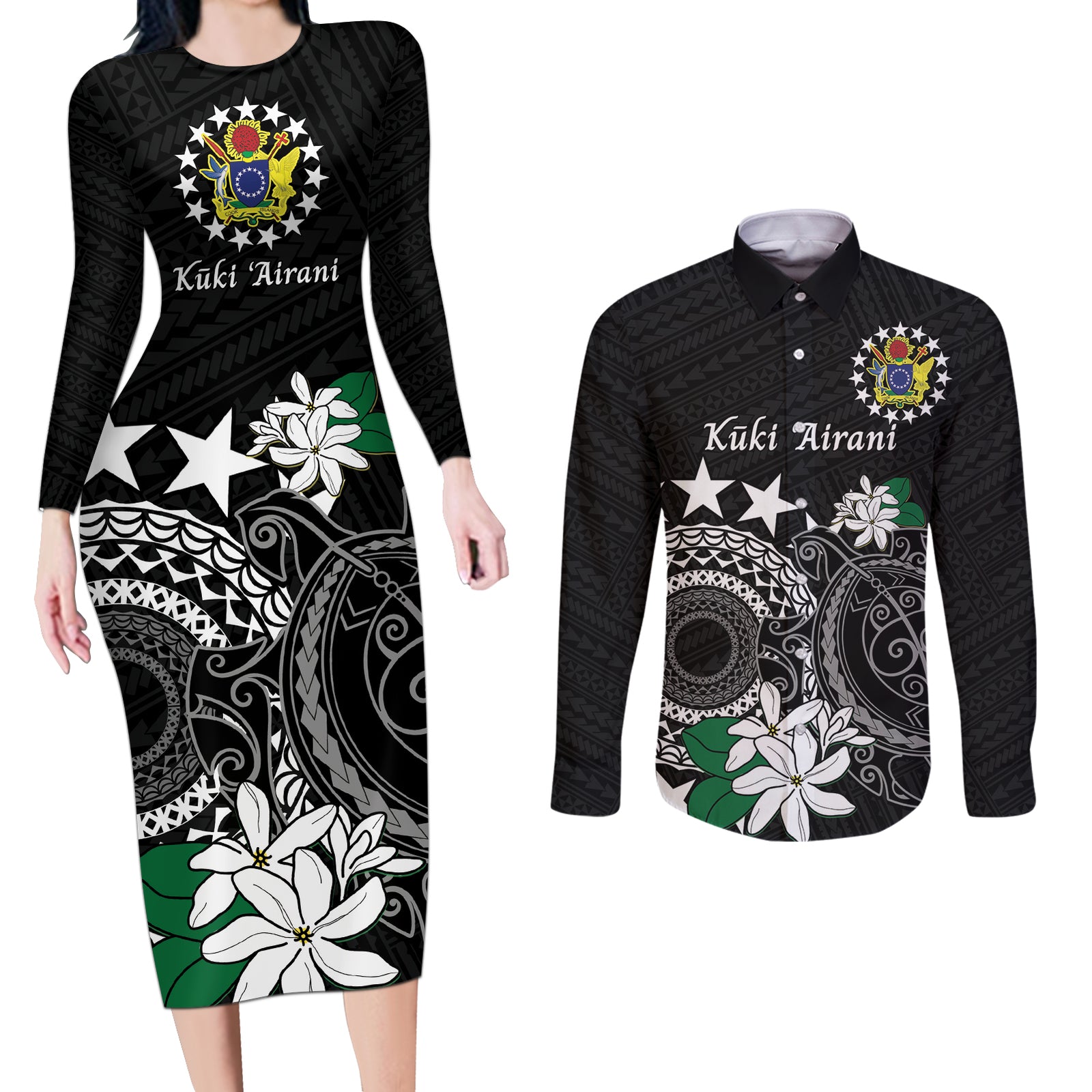 Cook Islands Independence Day Couples Matching Long Sleeve Bodycon Dress and Long Sleeve Button Shirt Kuki Airani Tiare Maori Polynesian Pattern - Black
