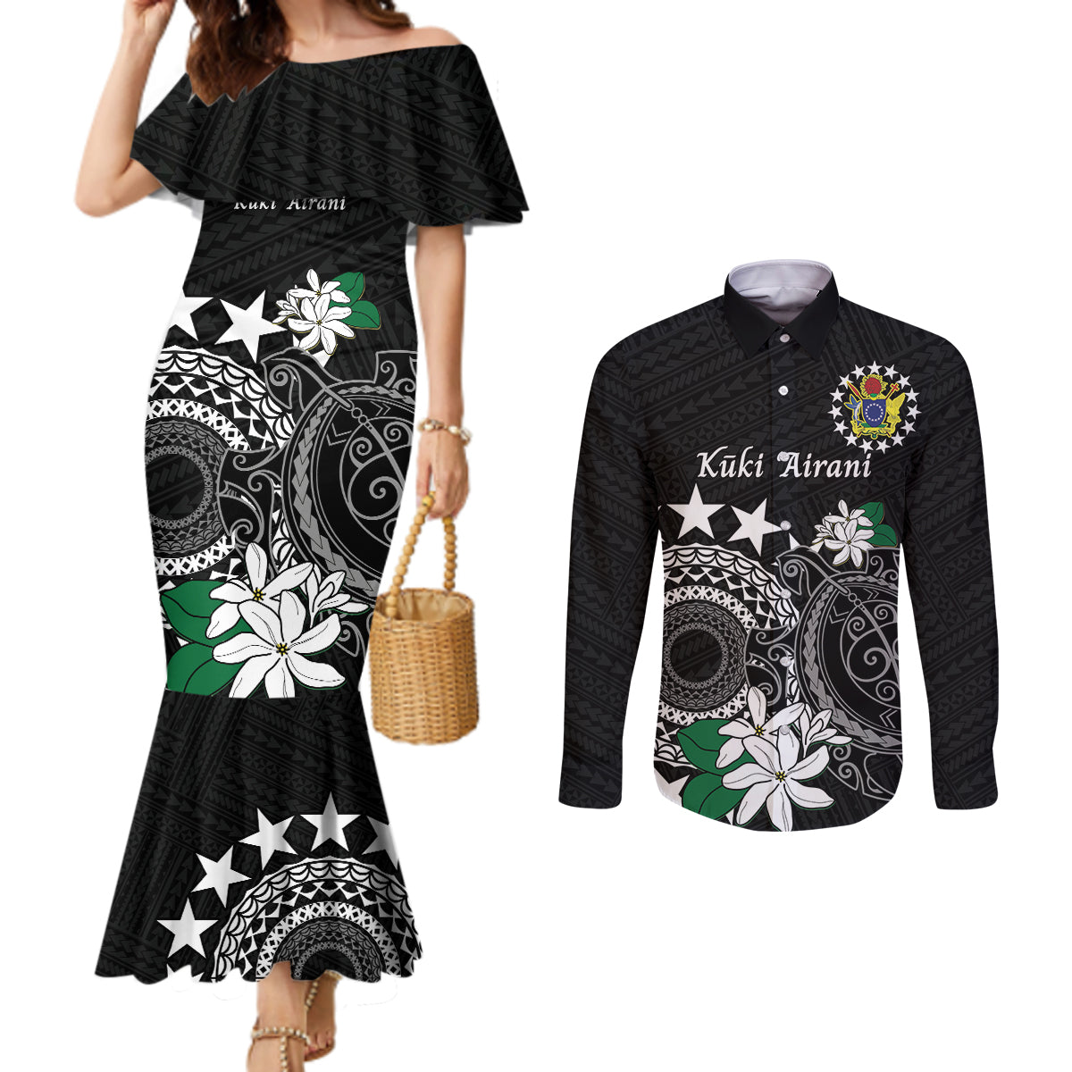 Cook Islands Independence Day Couples Matching Mermaid Dress and Long Sleeve Button Shirt Kuki Airani Tiare Maori Polynesian Pattern - Black