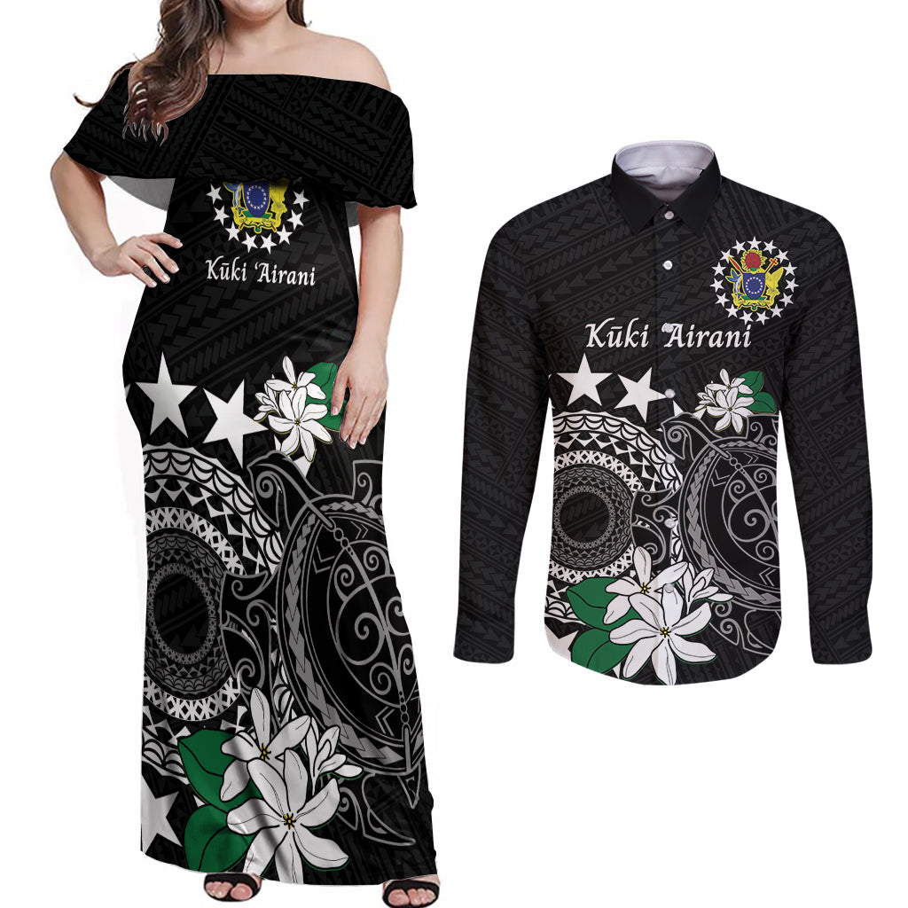 Cook Islands Independence Day Couples Matching Off Shoulder Maxi Dress and Long Sleeve Button Shirt Kuki Airani Tiare Maori Polynesian Pattern - Black