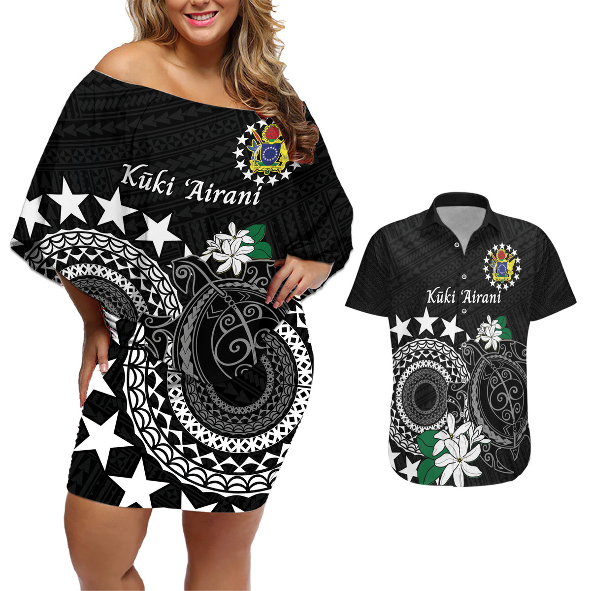 Cook Islands Independence Day Couples Matching Off Shoulder Short Dress and Hawaiian Shirt Kuki Airani Tiare Maori Polynesian Pattern - Black