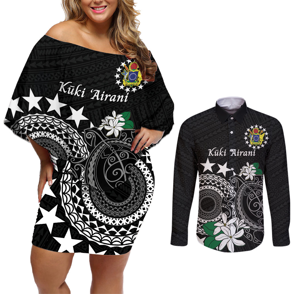 Cook Islands Independence Day Couples Matching Off Shoulder Short Dress and Long Sleeve Button Shirt Kuki Airani Tiare Maori Polynesian Pattern - Black