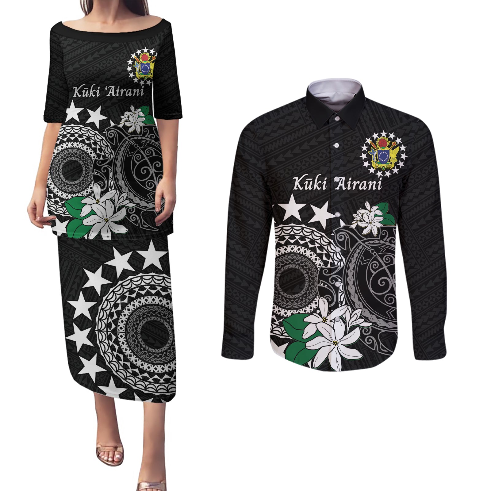 Cook Islands Independence Day Couples Matching Puletasi and Long Sleeve Button Shirt Kuki Airani Tiare Maori Polynesian Pattern - Black