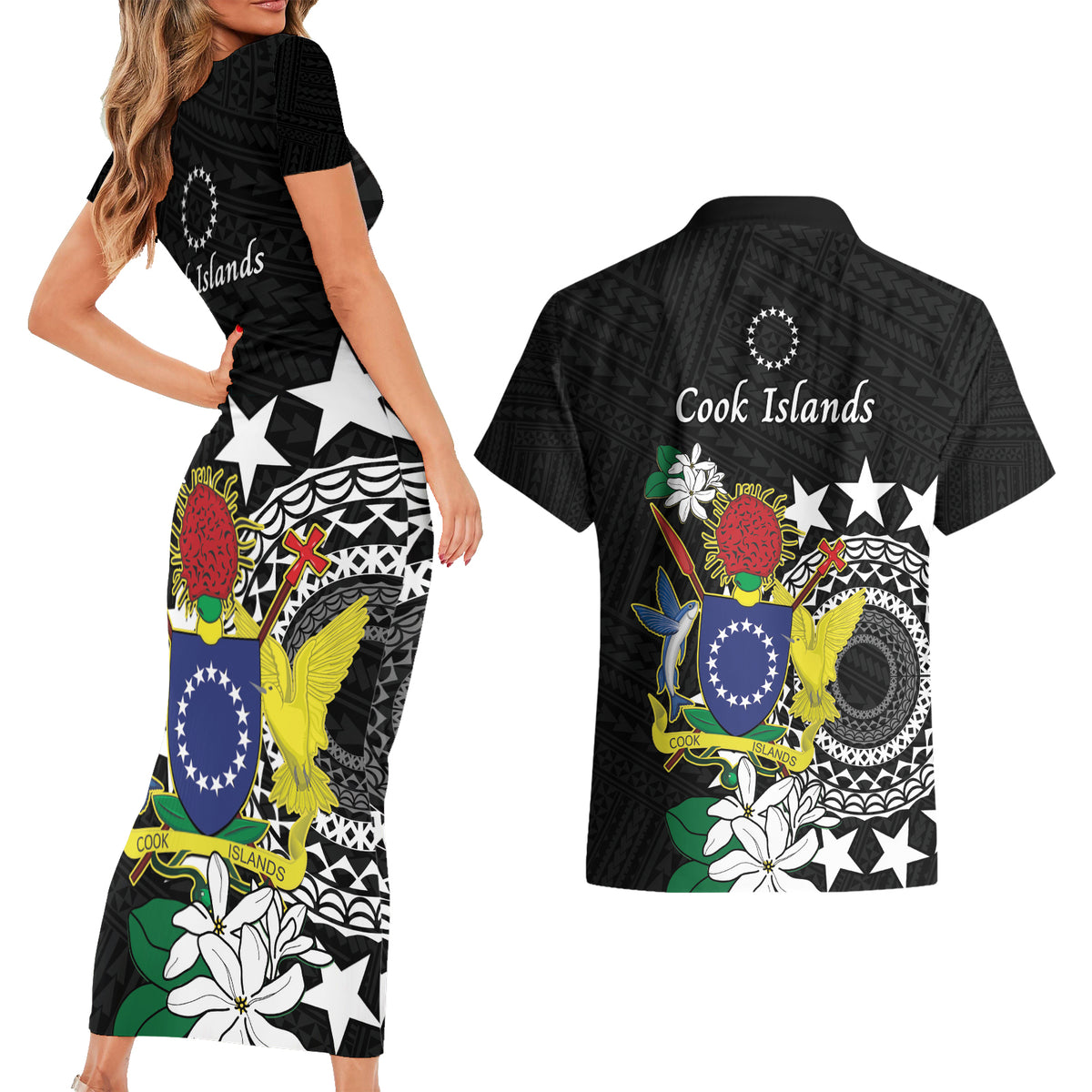 Cook Islands Independence Day Couples Matching Short Sleeve Bodycon Dress and Hawaiian Shirt Kuki Airani Tiare Maori Polynesian Pattern - Black LT14 - Polynesian Pride