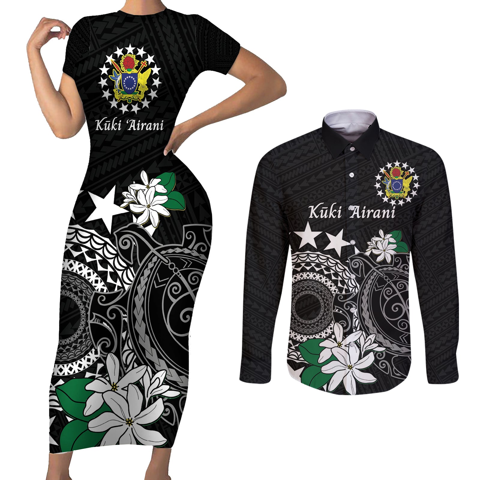 Cook Islands Independence Day Couples Matching Short Sleeve Bodycon Dress and Long Sleeve Button Shirt Kuki Airani Tiare Maori Polynesian Pattern - Black