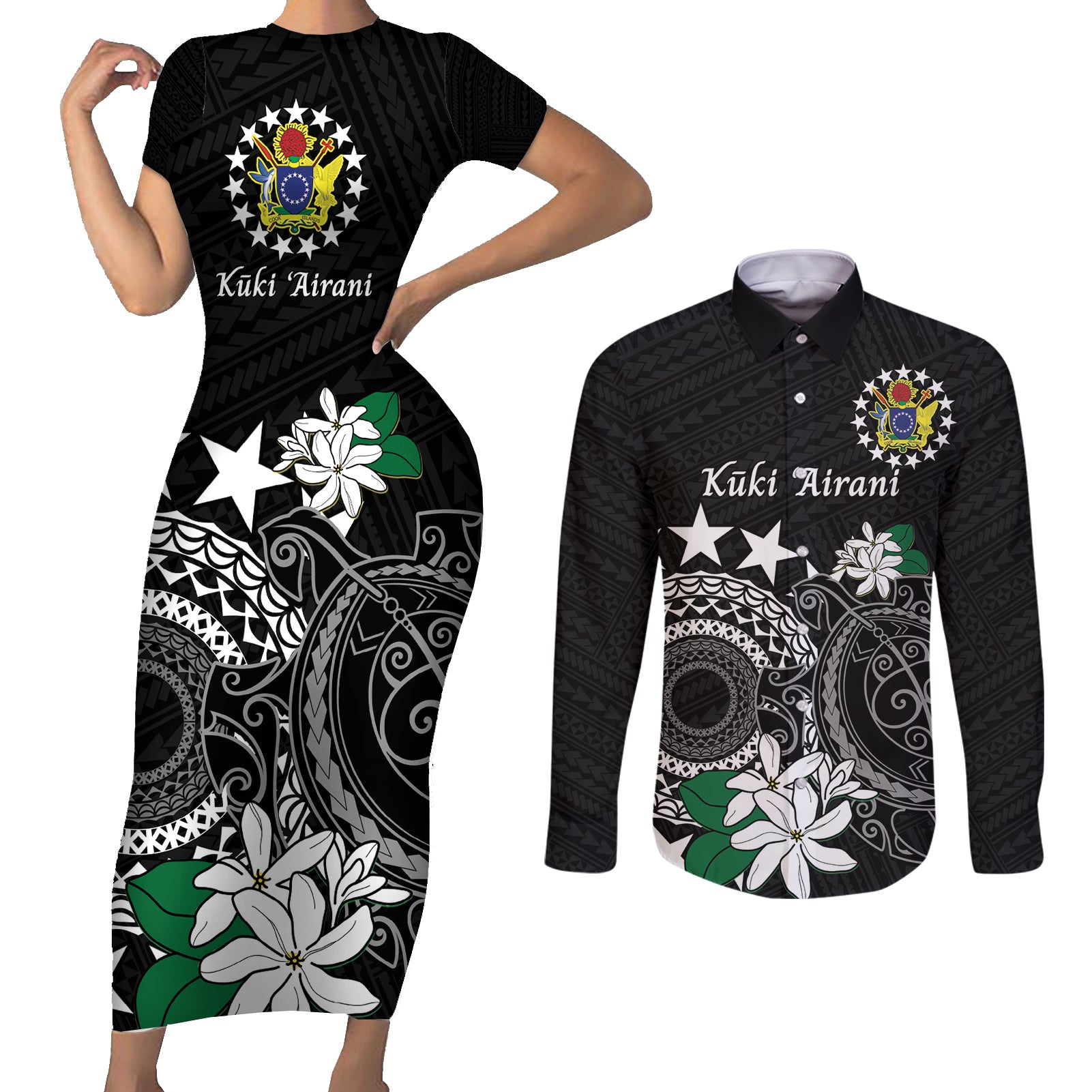 Cook Islands Independence Day Couples Matching Short Sleeve Bodycon Dress and Long Sleeve Button Shirt Kuki Airani Tiare Maori Polynesian Pattern - Black