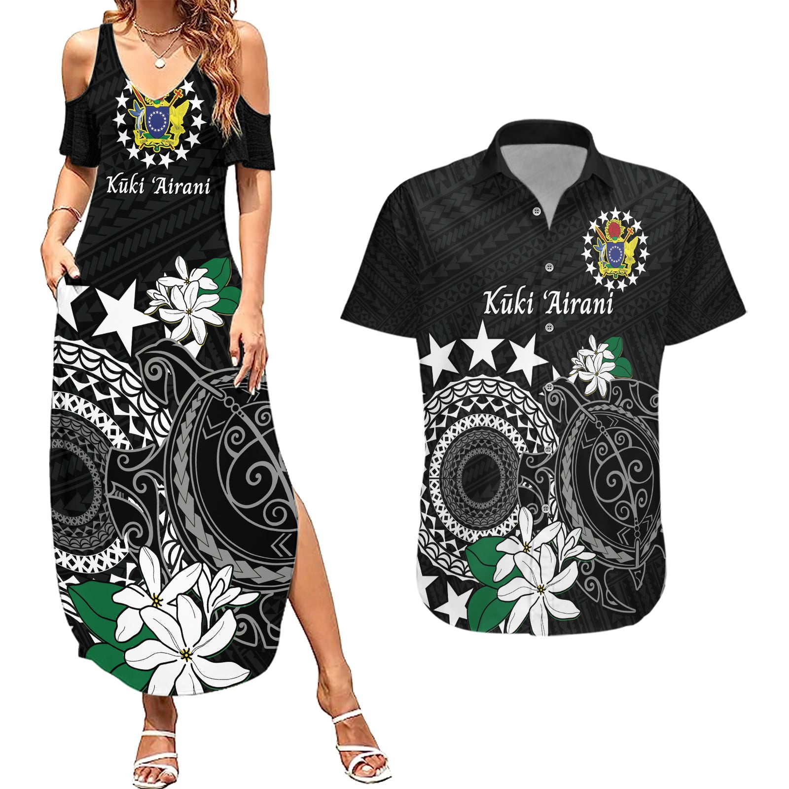 Cook Islands Independence Day Couples Matching Summer Maxi Dress and Hawaiian Shirt Kuki Airani Tiare Maori Polynesian Pattern - Black