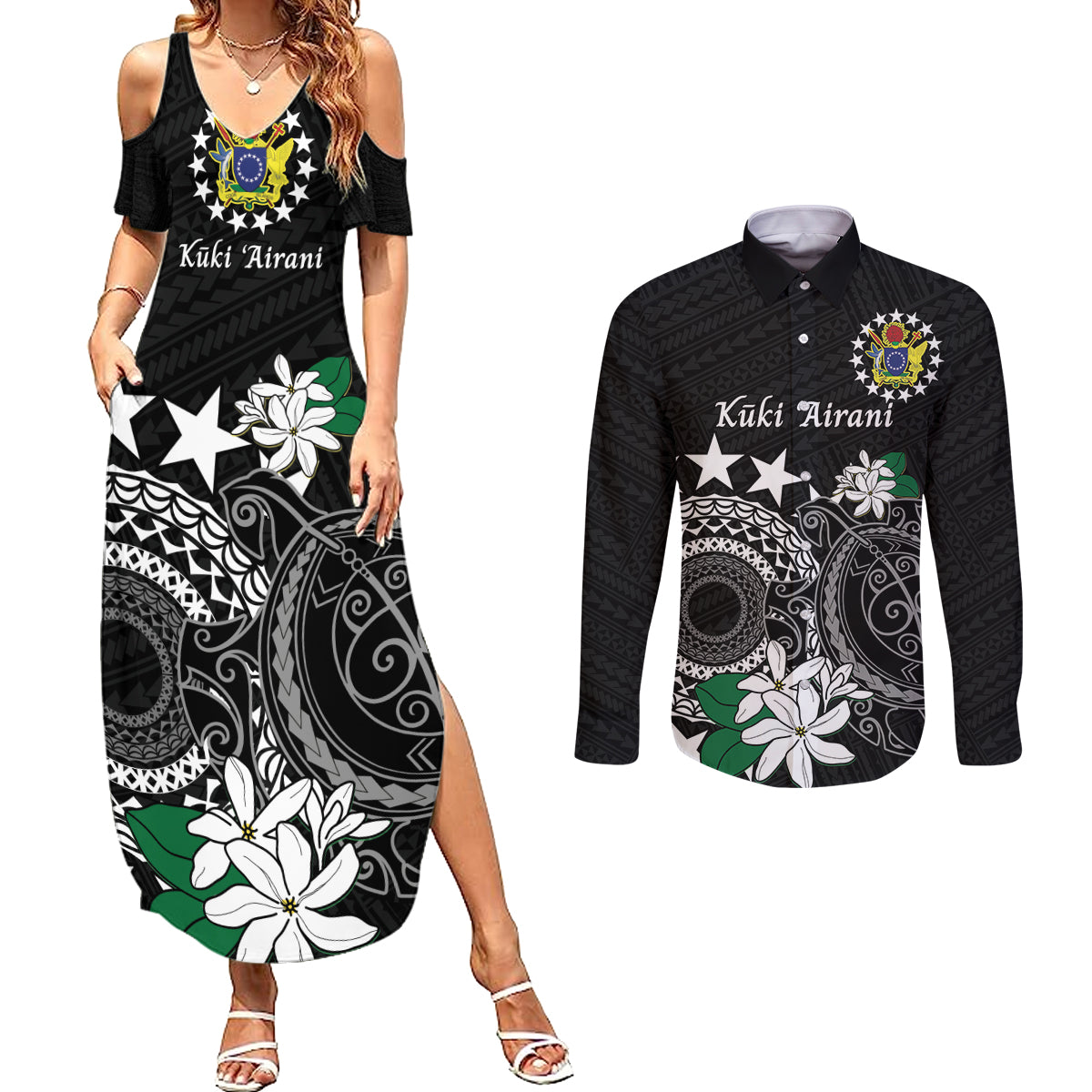 Cook Islands Independence Day Couples Matching Summer Maxi Dress and Long Sleeve Button Shirt Kuki Airani Tiare Maori Polynesian Pattern - Black