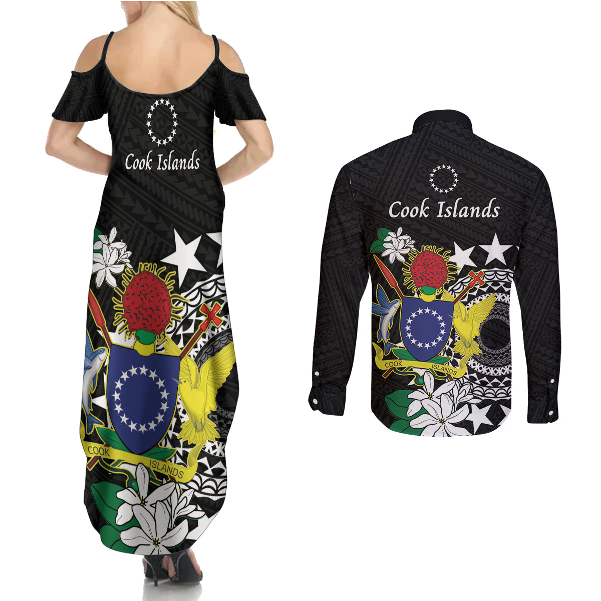 Cook Islands Independence Day Couples Matching Summer Maxi Dress and Long Sleeve Button Shirt Kuki Airani Tiare Maori Polynesian Pattern - Black
