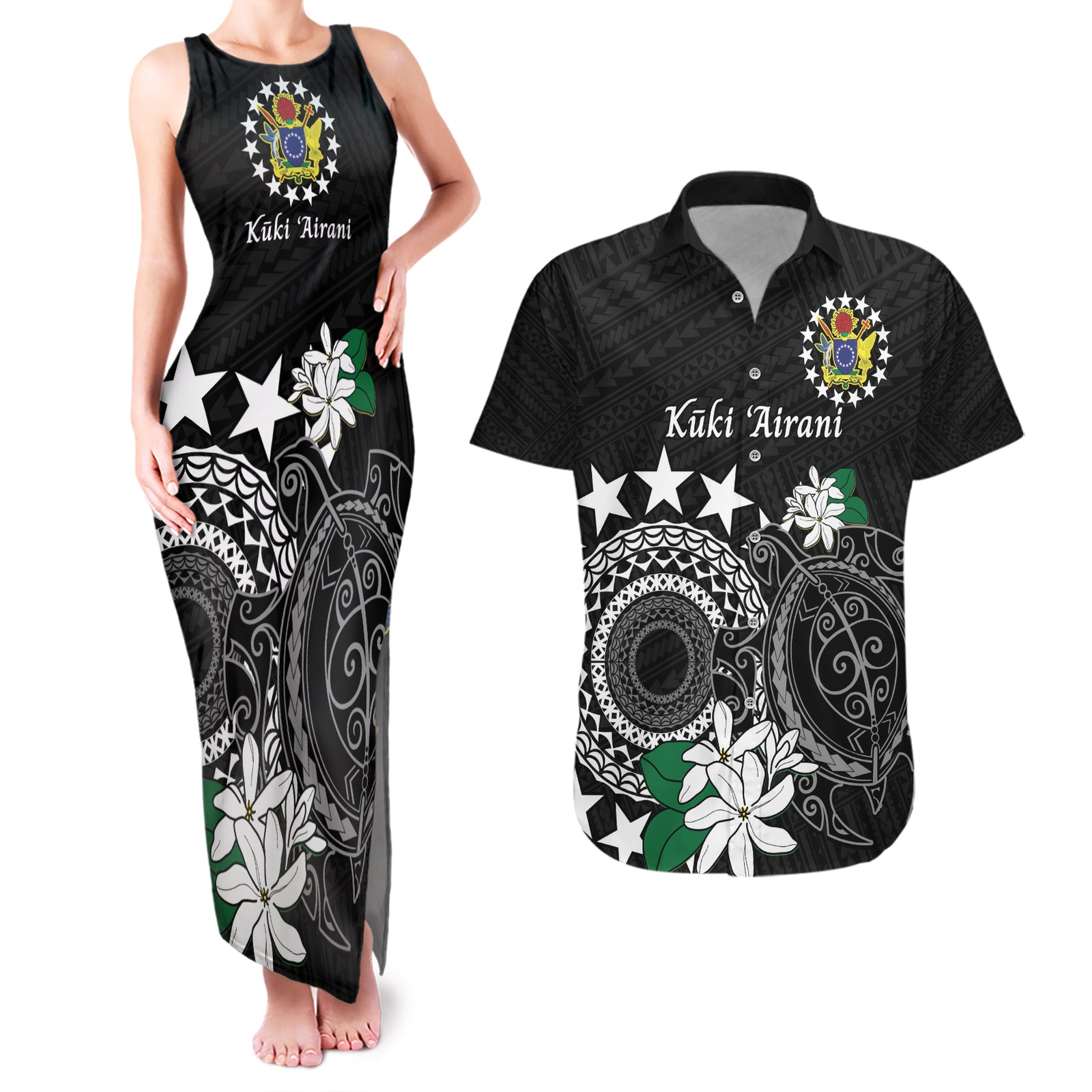 Cook Islands Independence Day Couples Matching Tank Maxi Dress and Hawaiian Shirt Kuki Airani Tiare Maori Polynesian Pattern - Black