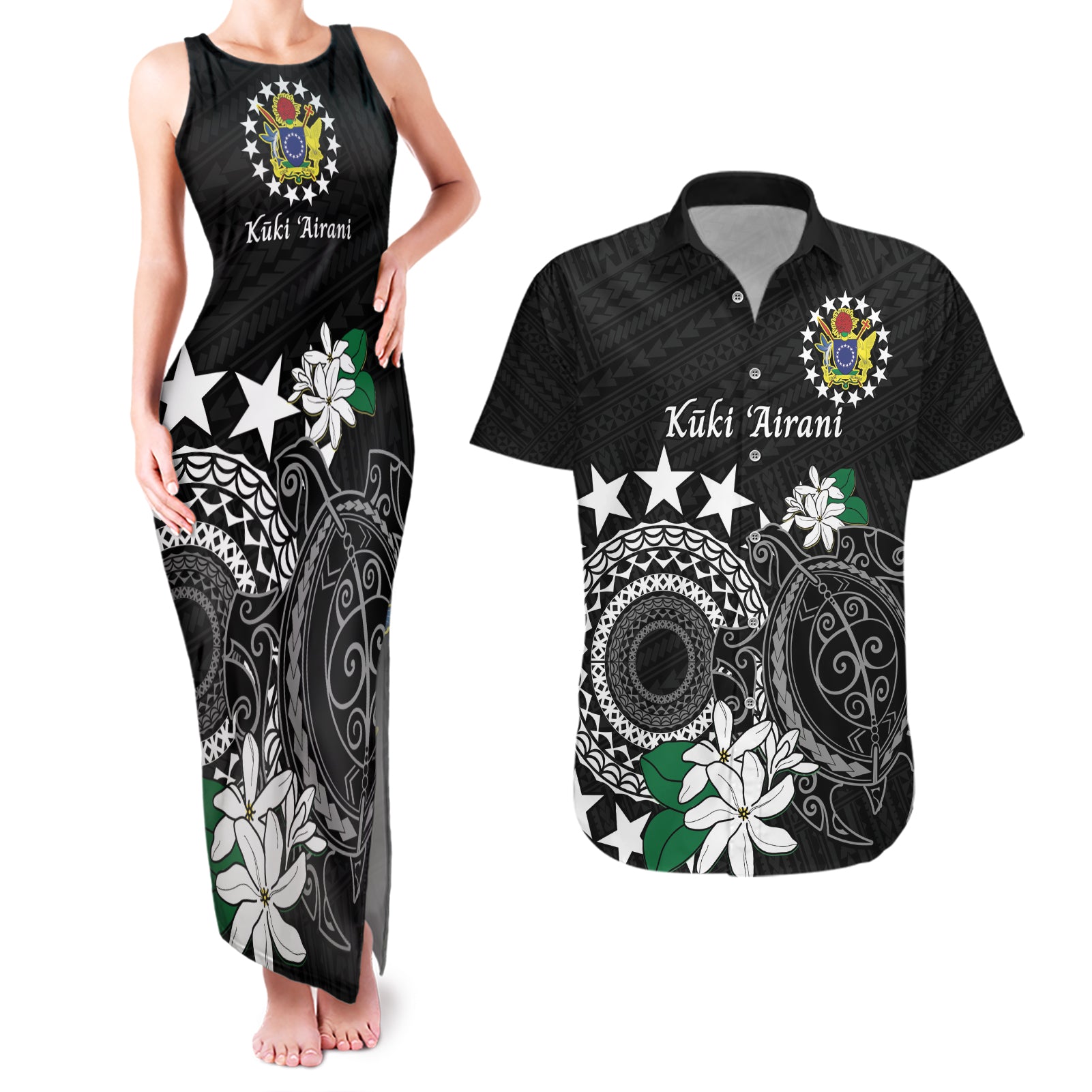Cook Islands Independence Day Couples Matching Tank Maxi Dress and Hawaiian Shirt Kuki Airani Tiare Maori Polynesian Pattern - Black
