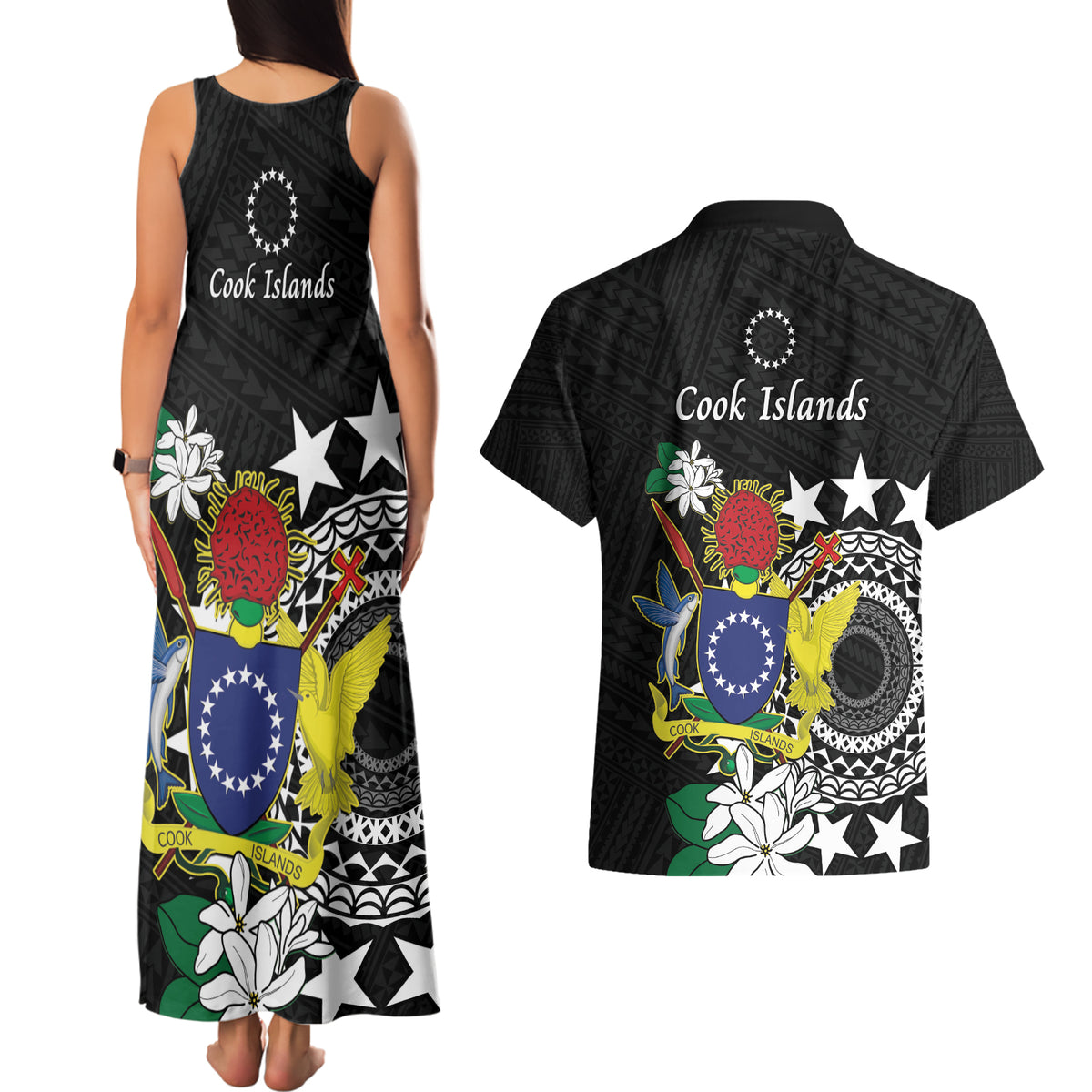 Cook Islands Independence Day Couples Matching Tank Maxi Dress and Hawaiian Shirt Kuki Airani Tiare Maori Polynesian Pattern - Black