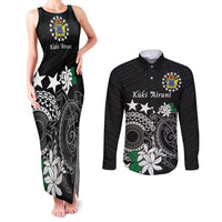 Cook Islands Independence Day Couples Matching Tank Maxi Dress and Long Sleeve Button Shirt Kuki Airani Tiare Maori Polynesian Pattern - Black