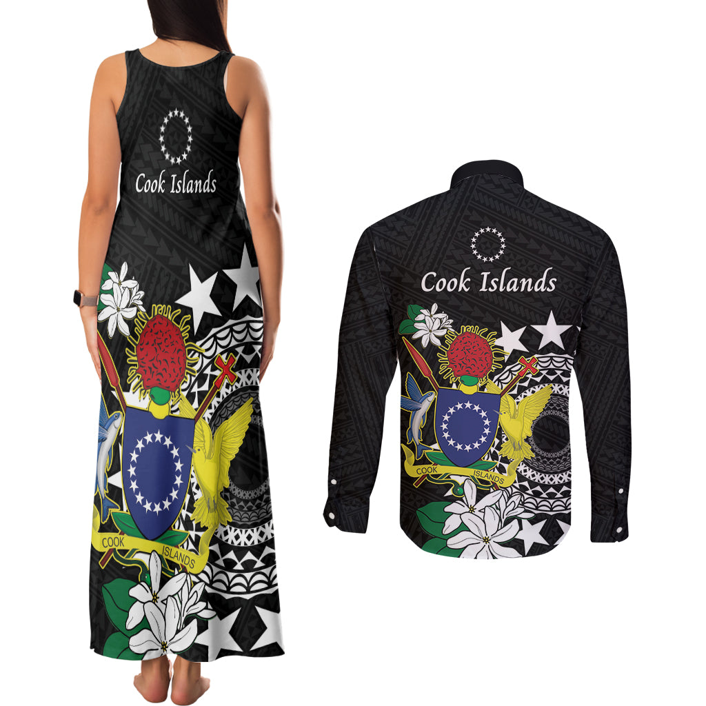 Cook Islands Independence Day Couples Matching Tank Maxi Dress and Long Sleeve Button Shirt Kuki Airani Tiare Maori Polynesian Pattern - Black
