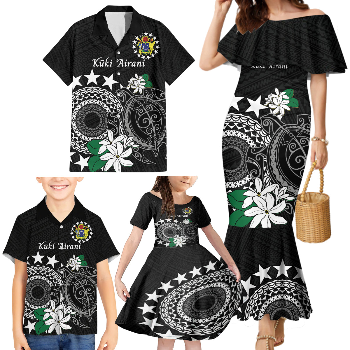 Cook Islands Independence Day Family Matching Mermaid Dress and Hawaiian Shirt Kuki Airani Tiare Maori Polynesian Pattern - Black