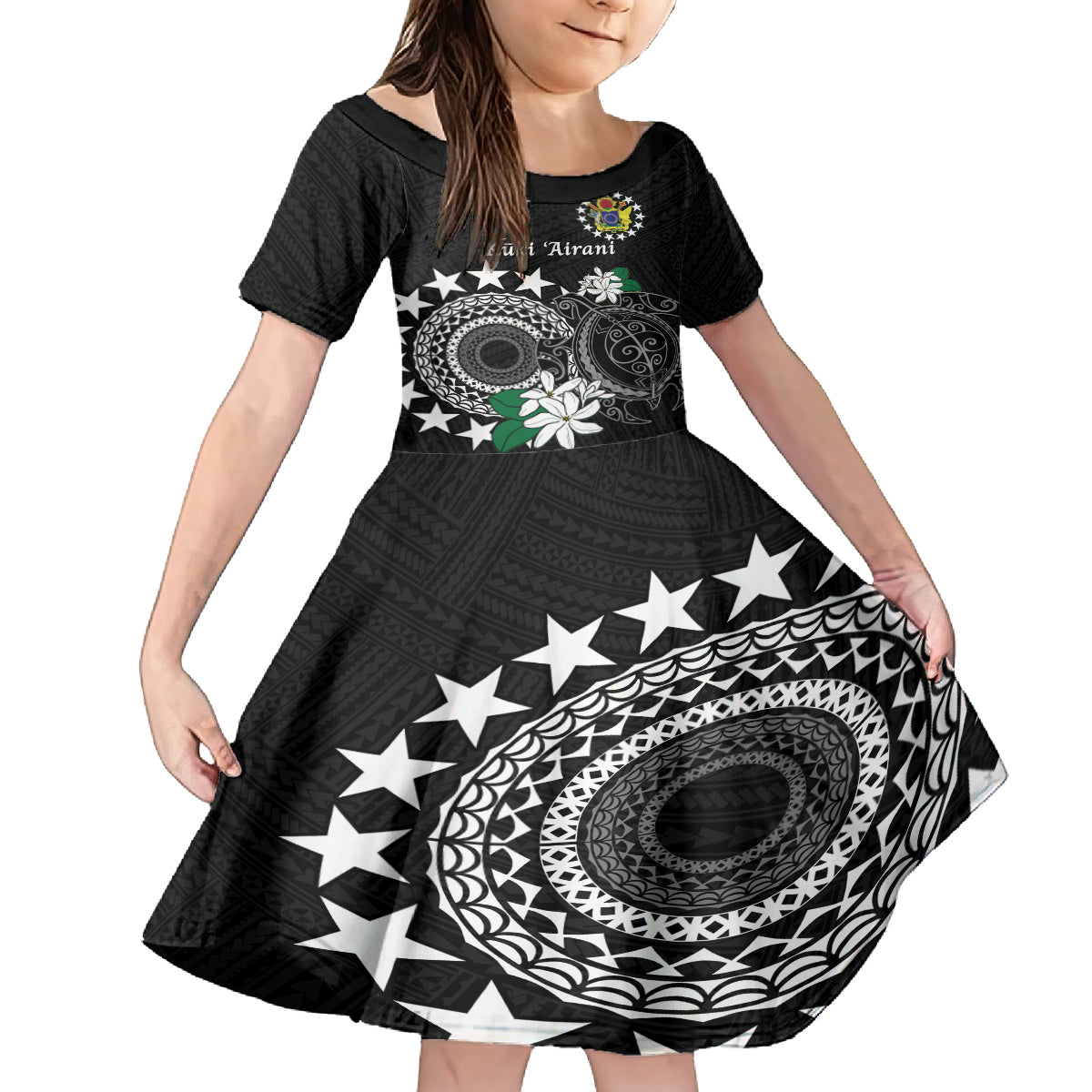 Cook Islands Independence Day Family Matching Puletasi and Hawaiian Shirt Kuki Airani Tiare Maori Polynesian Pattern - Black LT14 Daughter's Dress Black - Polynesian Pride