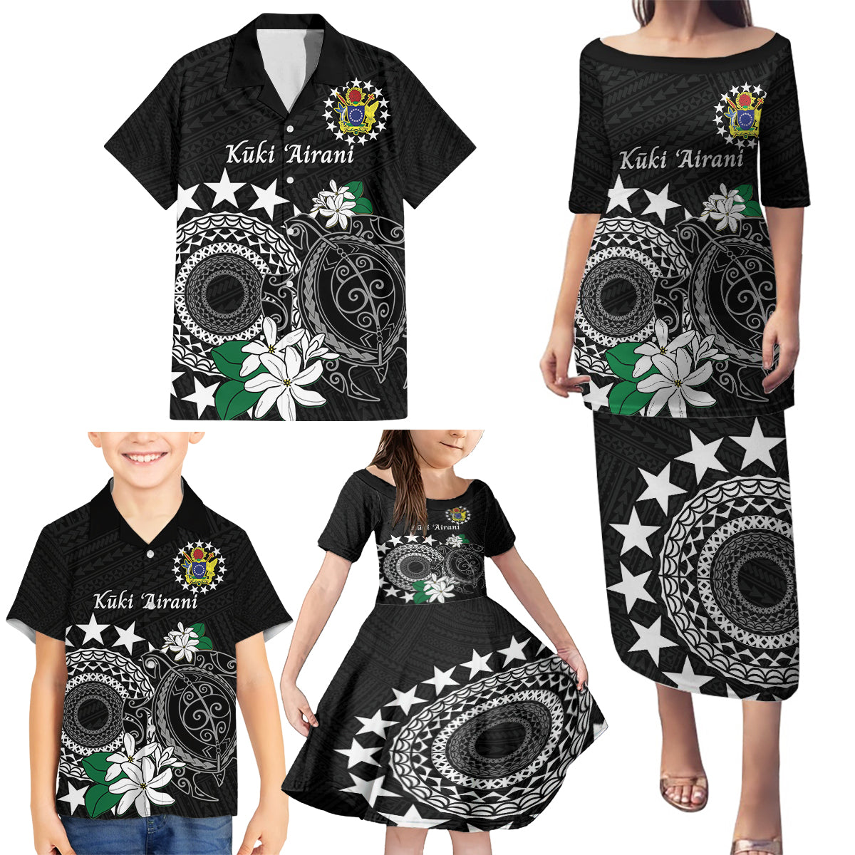 Cook Islands Independence Day Family Matching Puletasi and Hawaiian Shirt Kuki Airani Tiare Maori Polynesian Pattern - Black LT14 - Polynesian Pride