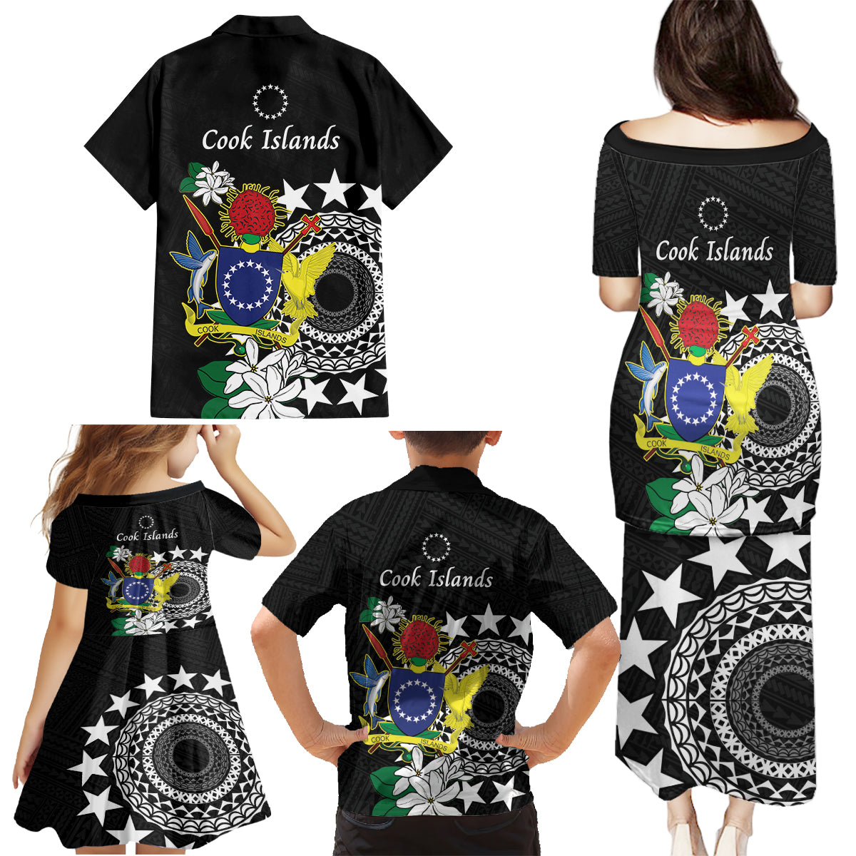 Cook Islands Independence Day Family Matching Puletasi and Hawaiian Shirt Kuki Airani Tiare Maori Polynesian Pattern - Black LT14 - Polynesian Pride