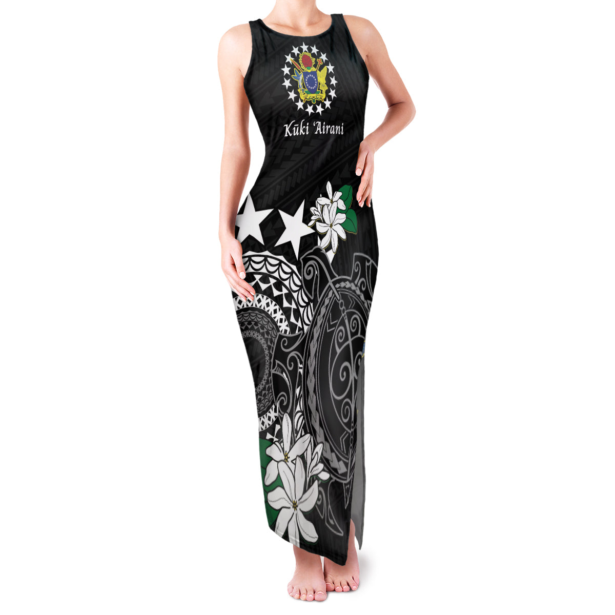 Cook Islands Independence Day Family Matching Tank Maxi Dress and Hawaiian Shirt Kuki Airani Tiare Maori Polynesian Pattern - Black