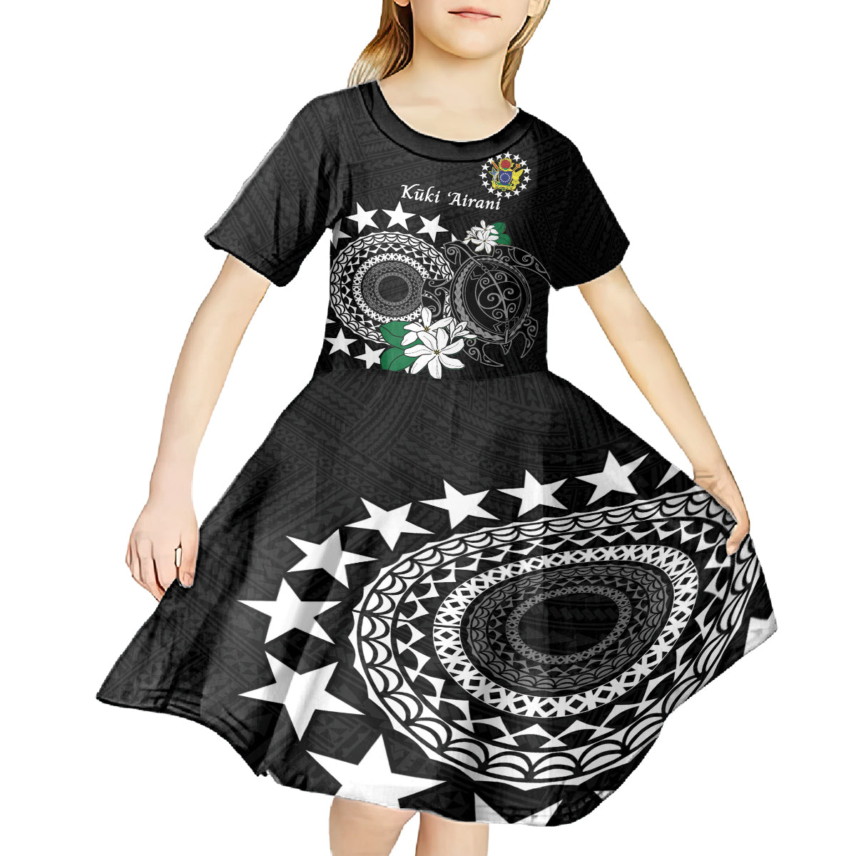 Cook Islands Independence Day Kid Short Sleeve Dress Kuki Airani Tiare Maori Polynesian Pattern - Black