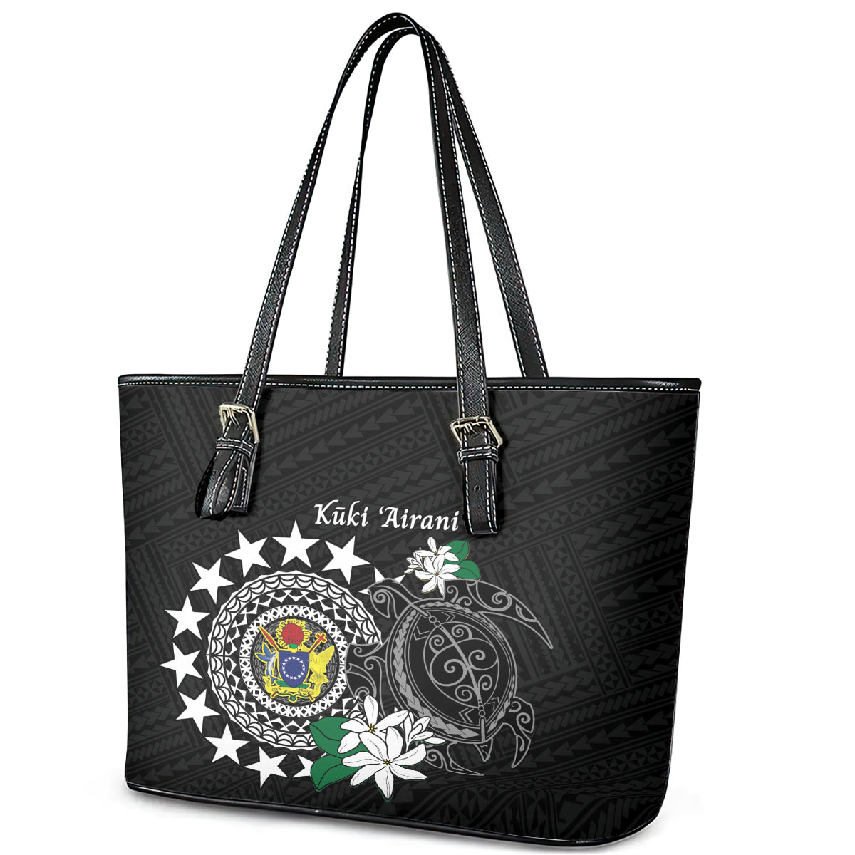 Cook Islands Independence Day Leather Tote Bag Kuki Airani Tiare Maori Polynesian Pattern - Black
