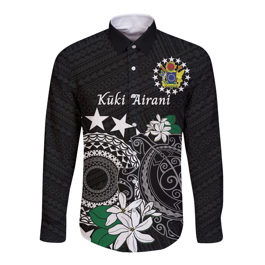 Cook Islands Independence Day Long Sleeve Button Shirt Kuki Airani Tiare Maori Polynesian Pattern - Black