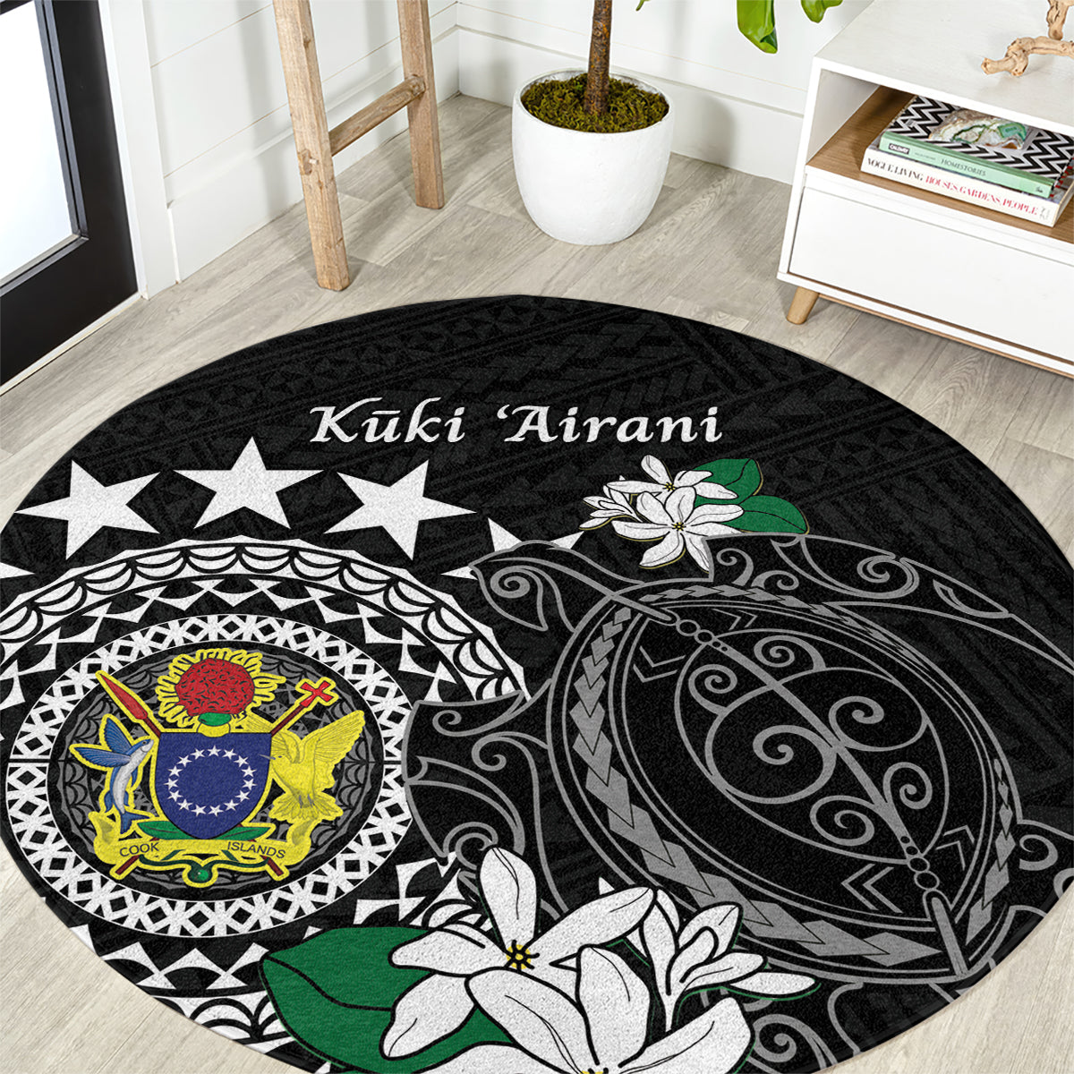 Cook Islands Independence Day Round Carpet Kuki Airani Tiare Maori Polynesian Pattern - Black