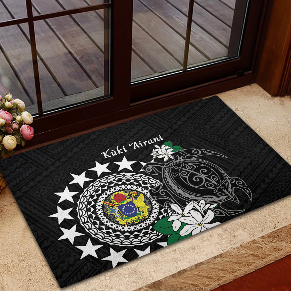 Cook Islands Independence Day Rubber Doormat Kuki Airani Tiare Maori Polynesian Pattern - Black
