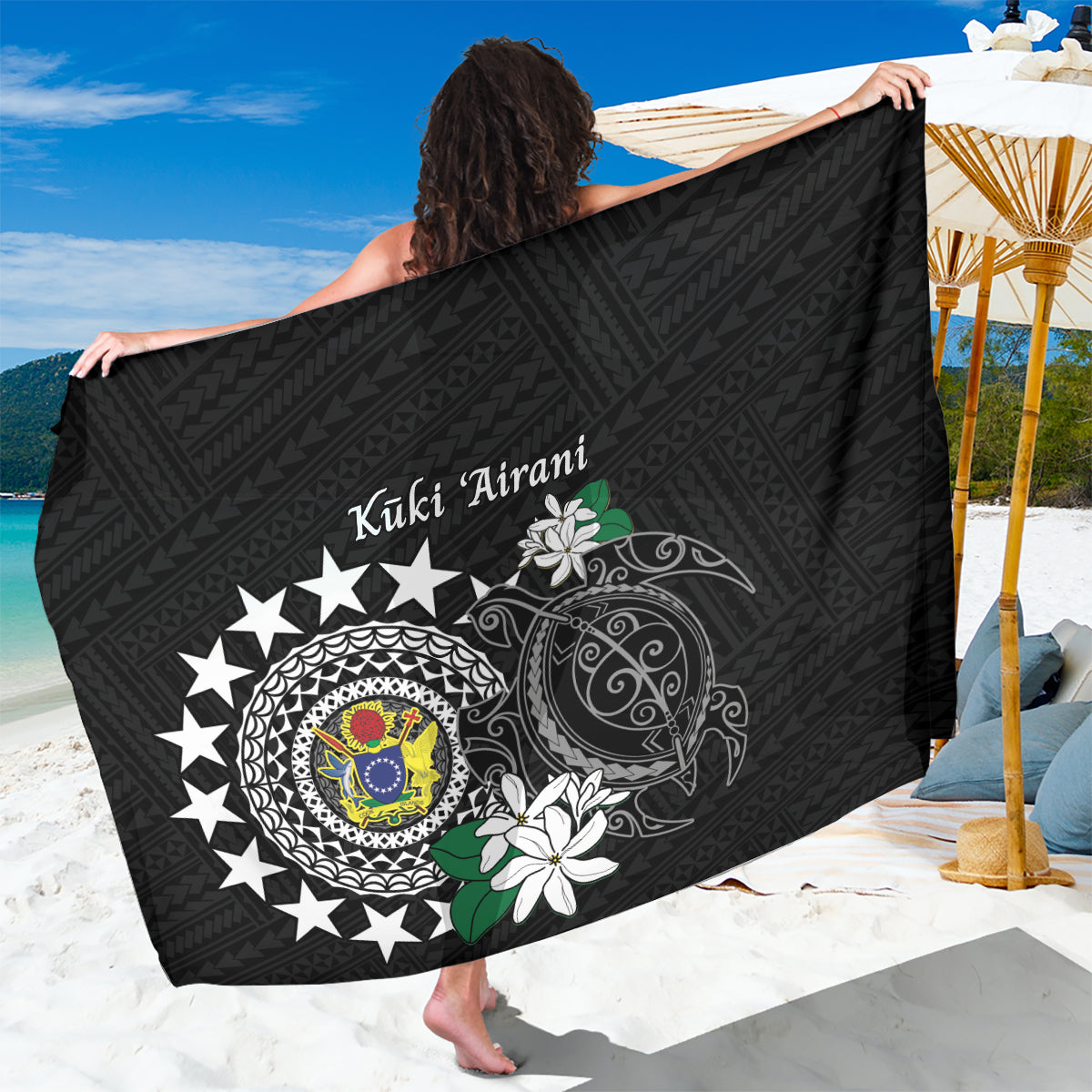 Cook Islands Independence Day Sarong Kuki Airani Tiare Maori Polynesian Pattern - Black