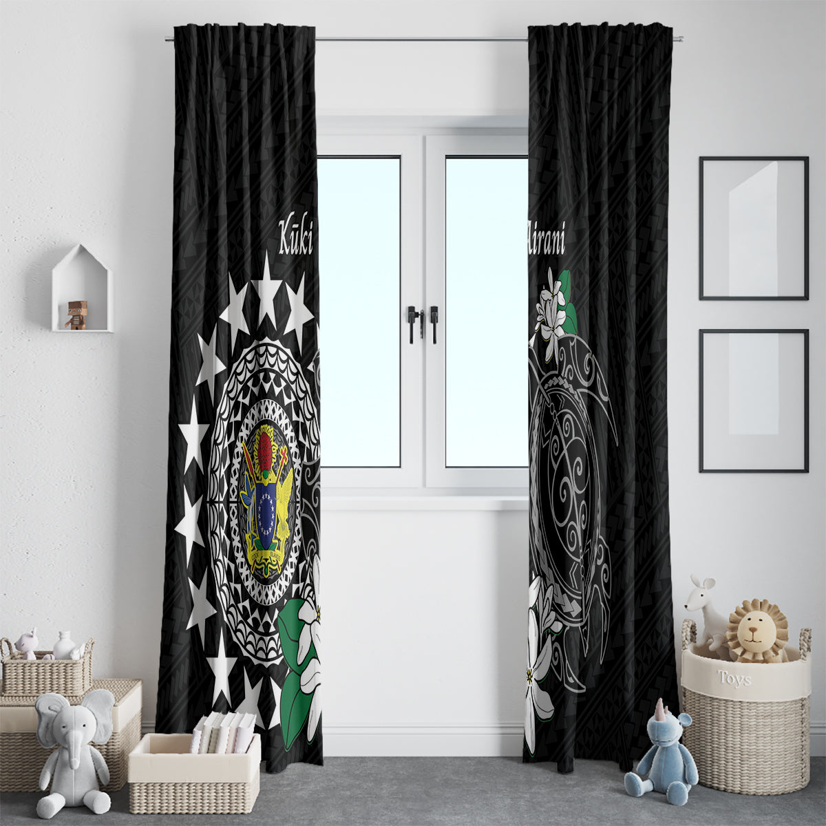 Cook Islands Independence Day Window Curtain Kuki Airani Tiare Maori Polynesian Pattern - Black