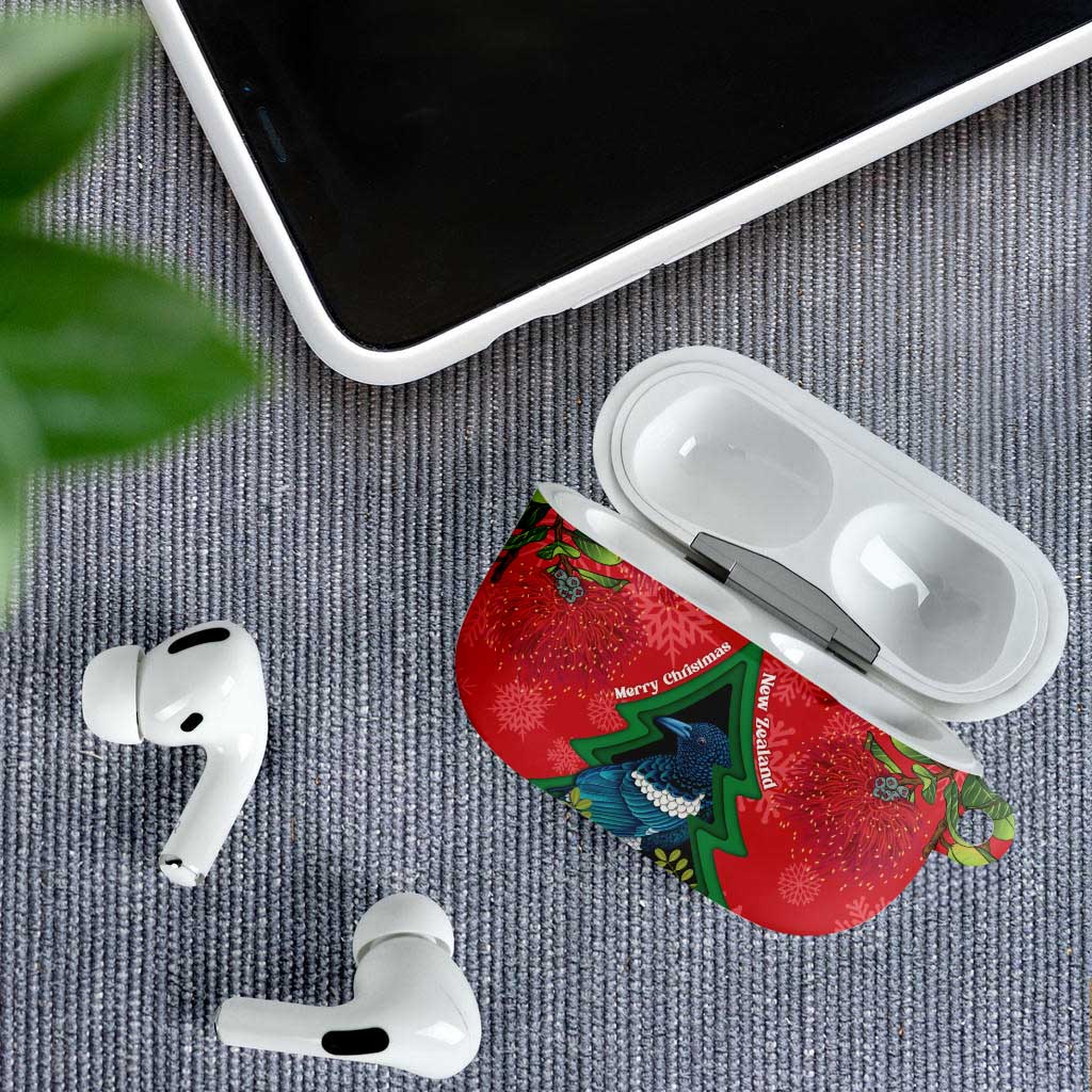 New Zealand Christmas In July AirPods Case Kowhai Tui Bird With Pohutukawa - Red - Polynesian Pride