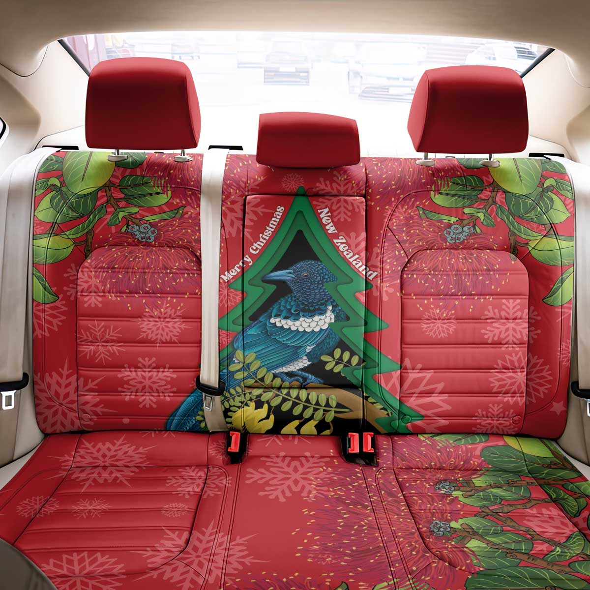 New Zealand Christmas In July Back Car Seat Cover Kowhai Tui Bird With Pohutukawa - Red