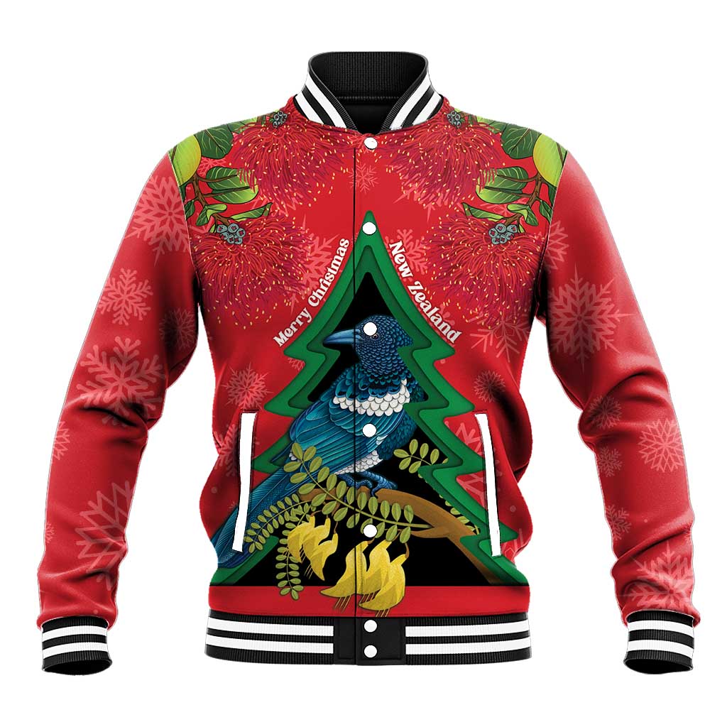 New Zealand Christmas In July Baseball Jacket Kowhai Tui Bird With Pohutukawa - Red