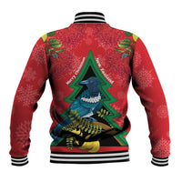 New Zealand Christmas In July Baseball Jacket Kowhai Tui Bird With Pohutukawa - Red