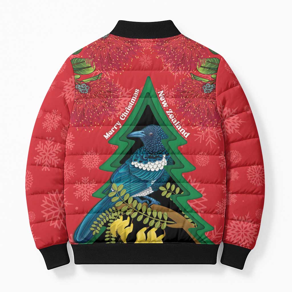 New Zealand Christmas In July Bomber Puffer Jacket Kowhai Tui Bird With Pohutukawa - Red - Polynesian Pride