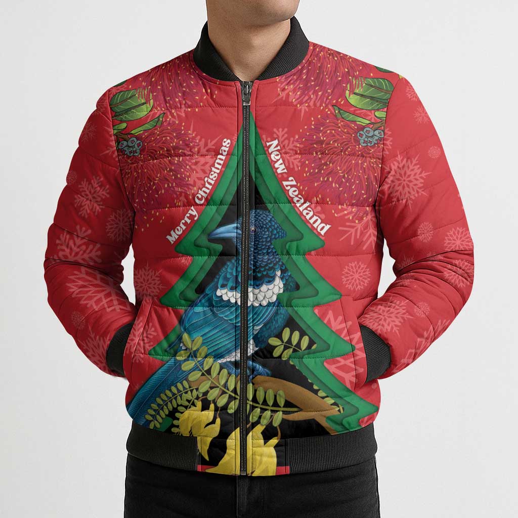 New Zealand Christmas In July Bomber Puffer Jacket Kowhai Tui Bird With Pohutukawa - Red - Polynesian Pride