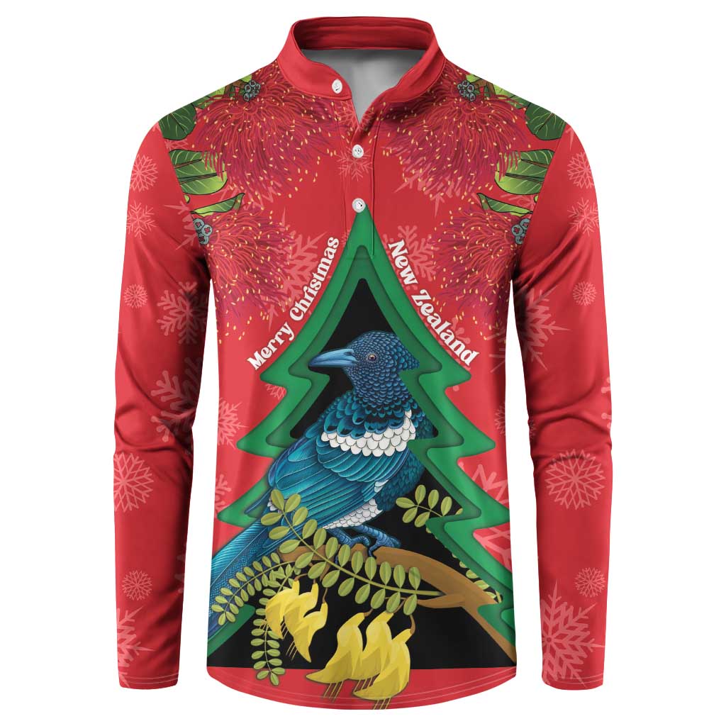 New Zealand Christmas In July Button Sweatshirt Kowhai Tui Bird With Pohutukawa - Red